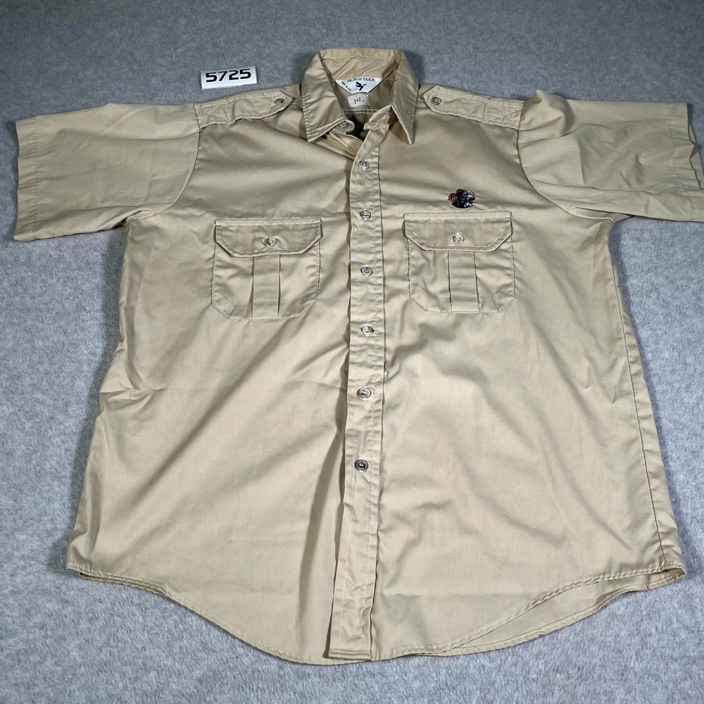 Black Duck Shirt Mens 14 Khaki Embroidered Dog‎ Collared Button Up Short Sleeve